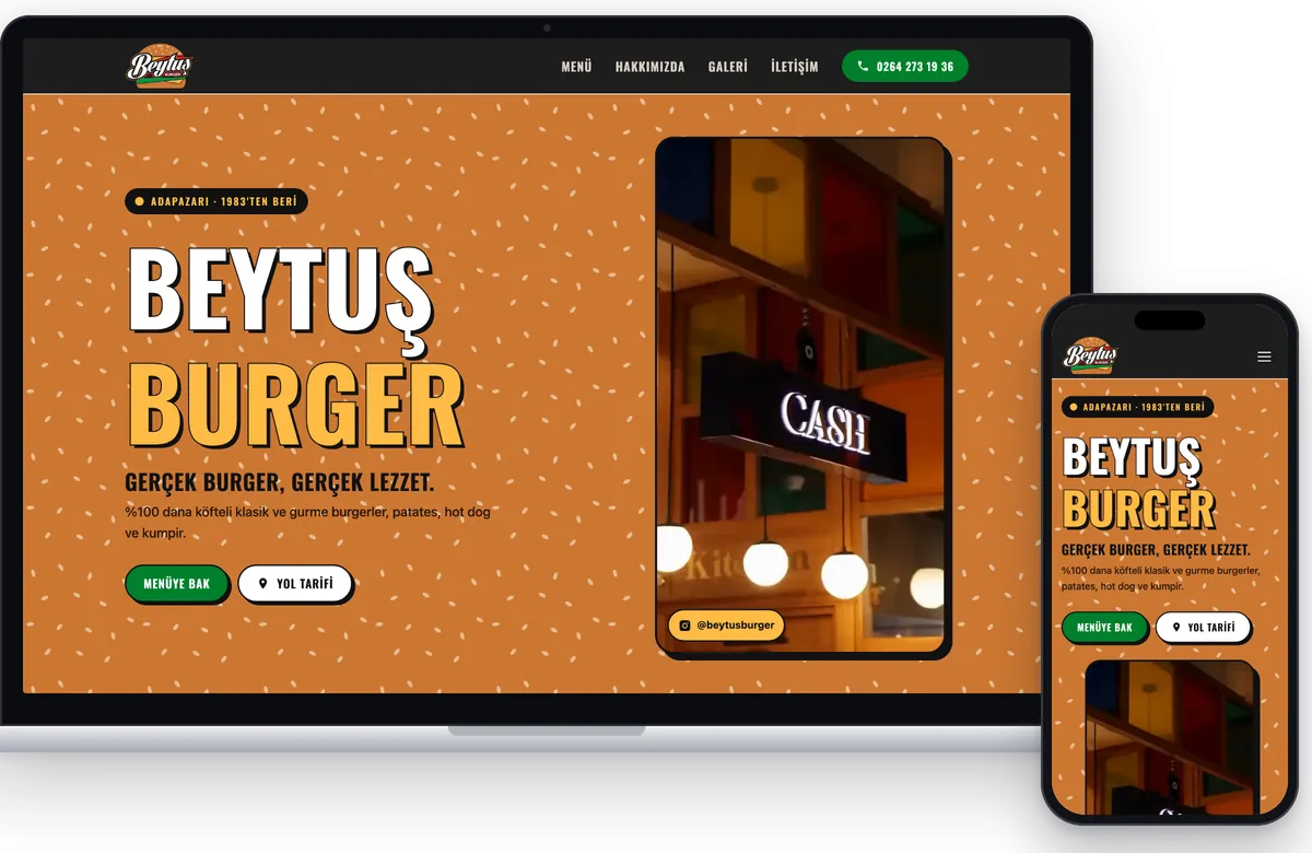 Beytuş Burger web sitesi dizüstü ve telefon ekranında