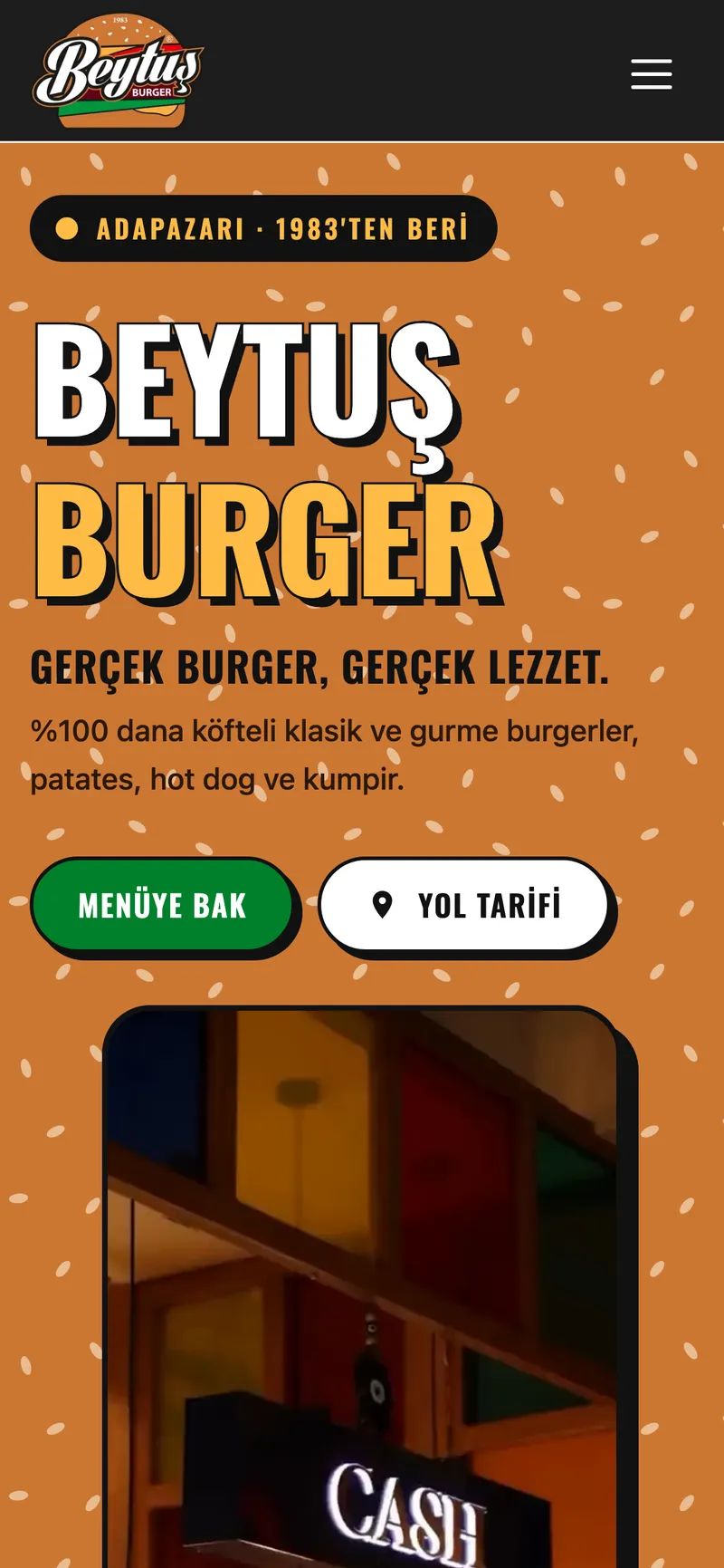 Beytuş Burger sitesinin telefon görünümü